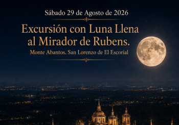 Excursión al Mirador de la Cruz de Rubens (Monte Abantos) con la luna llena sobre el Monasterio de El Escorial en Madrid